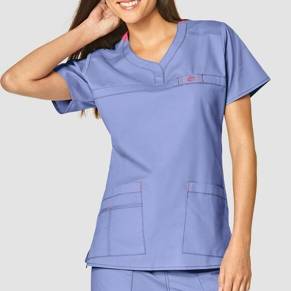 WonderWink WonderFLEX Women’s Utility Scrub Top Blue 2X Soft Stretch Workwear - Picture 1 of 8